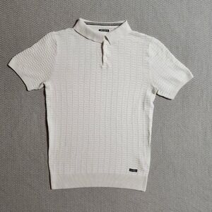 Threadbare Mens Textured Knit Polo Shirt Cream Short Sleeve Size M